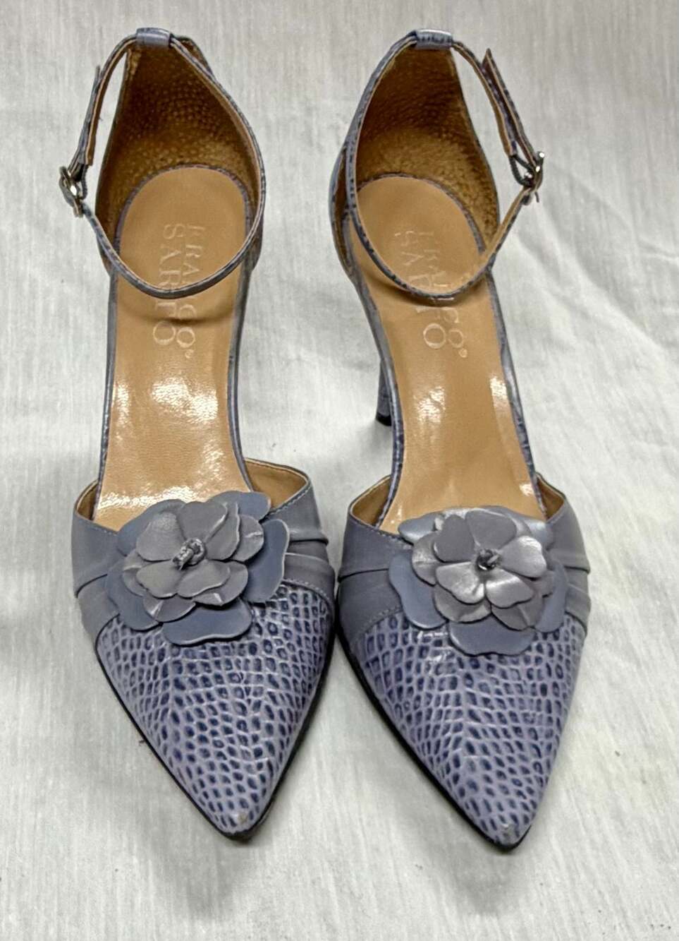 Franco Sarto Blue Lizard Embossed Floral Ankle Strap D'Orsay Pumps - Picture 2 of 9